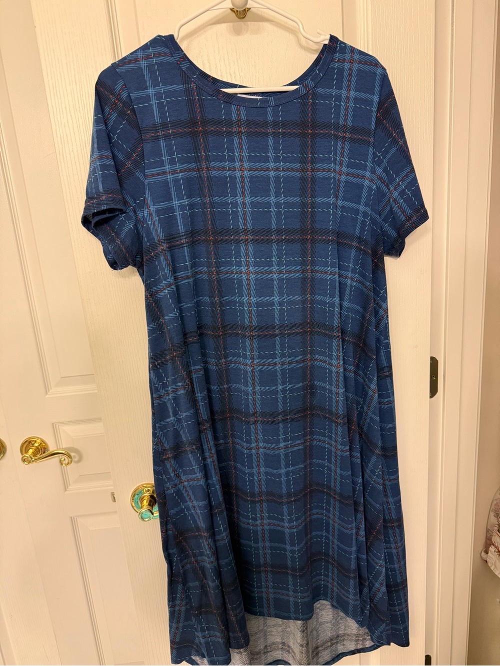 LuLaRoe Blue Plaid Top with Multicolor Stitching